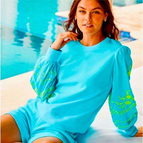 Lilly Pulitzer Tops - Rare!! Lilly Pulitzer Popover Terry Knit Embroidered Eyelet Sweatshirt